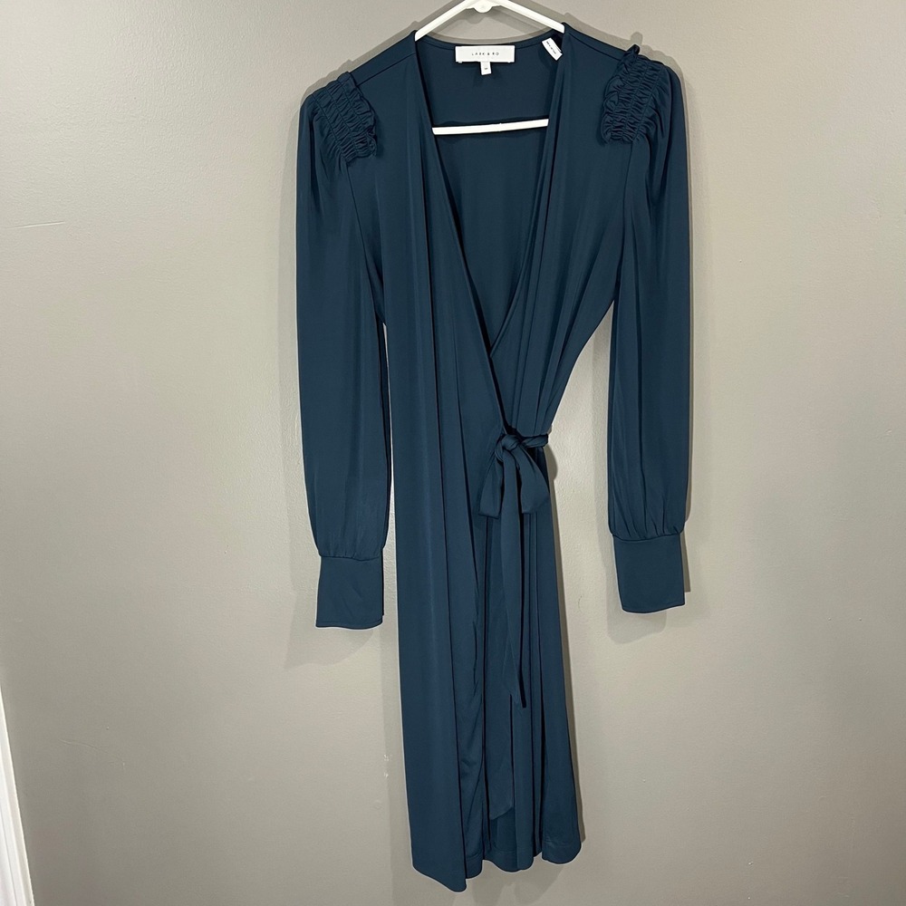 Lark & Ro Wrap Dress Womens Size M Teal Blue Great Smocked Shoulder Long Sleeve